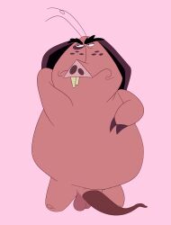 absurd_res alvaro_(el_arca) annoyed anthro balls bent_legs bob-jiggles buckteeth domestic_pig el_arca erection eyebrows genitals hair_strands half-closed_eyes hand_behind_head hi_res hooves kneeling male mammal narrowed_eyes overweight overweight_anthro overweight_male penis pink_background pink_body rounded_ears simple_background snout solo spots spotted_face suid suine sus_(pig) teeth thick_eyebrows