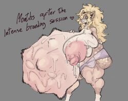 anthro areola ass big_areola big_breasts big_butt big_nipples blonde_hair bodily_fluids bottomwear breasts butterscotch_(void_dew) cellulite clothing deer denim denim_bottomwear denim_clothing denim_shorts female fetal_movement fur genitals hair hand_on_belly heart_symbol hi_res holding_breast huge_areola huge_breasts huge_butt huge_nipples hyper hyper_areola hyper_breasts hyper_nipples hyper_pregnancy lactating mammal multicolored_body multicolored_fur nipples oxart pink_areola pink_nipples pregnant pussy shorts solo standing sweat tail text thick_thighs
