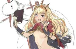 :d blonde_hair blush book breasts cagliostro_(granblue_fantasy) cape female granblue_fantasy hairband holding holding_book long_hair no_nipples open_mouth osakana_(denpa_yun'yun) ouroboros_(granblue_fantasy) penis purple_eyes simple_background sketch smile solo topless upper_body white_background