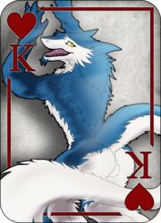 1boy 2015 alpha_channel anthro ass balls blue_fur card claws fur gamblefur king_of_hearts long_tail looking_at_viewer looking_back male male_only mammal marshal_blue muscular nude open_mouth playing playing_card presenting presenting_hindquarters raised_tail sergal solo teeth tongue tongue_out white_fur yellow_eyes