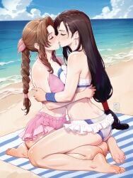 2girls aerith_gainsborough aerti beach beach_towel bikini bikini_bottom bikini_top black_hair blush boob_squish bow_in_hair brown_hair commission final_fantasy final_fantasy_vii final_fantasy_vii_remake flower_in_hair highres hugging lesbian_kiss mirindraws ocean pale-skinned_female passionate passionate_kiss pink_bikini sapphic soft square_enix squished_breasts tifa_lockhart video_games yuri