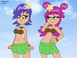 2015 2girls ami_onuki artist_name beach bracelet cartoon_network coconut_bikini deviantart_link deviantart_url deviantart_username flower flower_in_hair hi_hi_puffy_amiyumi hula island leaf_skirt necklace pink_eyes pink_hair png purple_eyes purple_hair sb99 scobionicle99 spiked_collar warner_brothers yumi_yoshimura