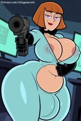 1futa ai_generated bob_cut bodysuit bulge chubby cleavage danny_phantom gloves gun huge_breasts madeline_fenton mature_female milf orange_hair plump purple_eyes see-through solo solo_focus stable_diffusion thick_thighs unzipped wide_hips