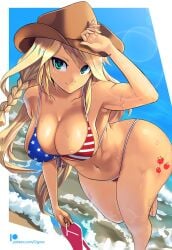 1girls american_flag_bikini american_flag_print applejack_(eg) applejack_(mlp) beach big_breasts bikini blonde_hair braided_hair cigusa cleavage cowboy_hat curvaceous curvy_female equestria_girls female female_only flag_print friendship_is_magic green_eyes hasbro highres large_breasts light-skinned_female light_skin long_hair midriff my_little_pony my_little_pony_friendship_is_magic navel outdoors smiling swimsuit thick thick_thighs voluptuous voluptuous_female wide_hips