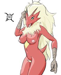 anthro blaziken blue_eyes breasts female happy nintendo nipples pokemon pokemon_(species) solo tongue tongue_out video_games xela_(artist)