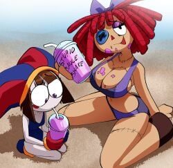 2girls beach bikini bow cleavage coolerinker drinking huge_breasts inker_comics inkershike jester kneeling looking_at_viewer pomni_(the_amazing_digital_circus) ragatha sand shake skinny slurping stitches stupid_sauce the_amazing_digital_circus wariza