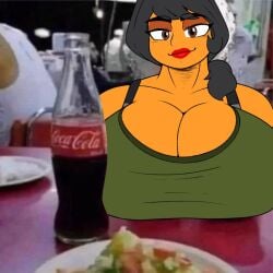 black_hair boobs_on_table coca-cola epic_games fortnite green_tank_top headhunter_(fortnite) lipstick omegabrawl on_my_first_date_meme ponytail