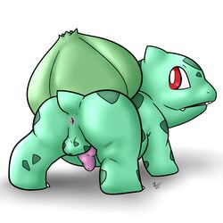 2015 animal_genitalia anus ass back_view balls bulbasaur cute erection feral male male_only mammal nintendo open_mouth penis plant pokémon_(species) pokemon pokemon_rgby red_eyes scalie simple_background solo video_games zekromlover