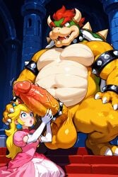 1boy 1girls ai_generated big_penis bowser cock_ring evil_grin fat female male male/female mario_(series) moody_hat nintendo princess_peach smaller_female spiked_collar throbbing_penis worried_expression