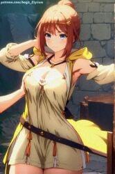 1boy 1girls aegis_elysium ai_art ai_generated atelier_(series) atelier_ryza bare_shoulders blue_eyes blush breasts brown_hair cleavage collar day dress female_focus gem gloves grabbing grabbing_breast grabbing_breasts hair_ornament hand_holding headpiece highres holding holding_breast holding_own_breasts huge_breasts jewelry koei_tecmo large_breasts looking_at_breasts navel outdoors patreon patreon_username ponytail reisalin_stout short_hair sofa solo solo_focus thick_breasts thick_thighs thighs tiara unknown_male