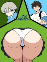 1boy 1girls ass ass_focus badjujuarts big_ass blue_eyes clothed dialogue female grey_hair male panties sakurai_shinichi short_hair skirt stuck stuck_in_wall thick thick_ass thick_thighs uzaki-chan_wa_asobitai! uzaki_hana