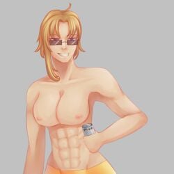 ahoge aryan bangs beer biceps blonde_hair blue_eyes boxers eight_pack huge_breasts muscular pojary.pl rule_63 rurzalina short_hair six_pack smug smug_face smug_grin smug_smile sunglasses wide_hips