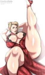 1girls artist_name artist_signature big_breasts biting_lip blonde_hair blue_eyes blush breasts cameltoe cleavage dress earrings female_only final_fantasy final_fantasy_vii gaiasayshello hair_bun heels jewelry leg_up legs legs_up lipstick makeup mature_female milf necklace pale-skinned_female pale_skin scarlet_(ffvii) self_upload solo thick_thighs wide_hips