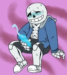 1boy animated_skeleton blue_blush blue_cum blue_penis blush bone clothed cum ectopenis ejaculation male_masturbation male_only masturbation one_eye_closed penile_masturbation penis sans sitting skeleton smile solo solo_male sweat tinybeasts undertale undertale_(series)