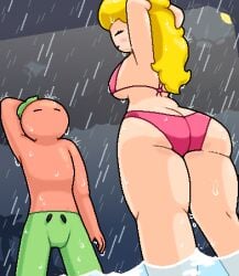 1boy 1girls arms_behind_head beach big_ass big_breasts bikini blonde_hair blush busty cloud clouds fat_ass large_breasts mario_(series) okami_tomato pink_bikini princess_peach rain raining red_skin sensual sideboob storm sunbeam tomato_(okami_tomato) water