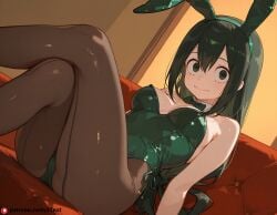 ai_generated asui_tsuyu bunnysuit chart jitome medium_breasts sitting_with_leg_crossed