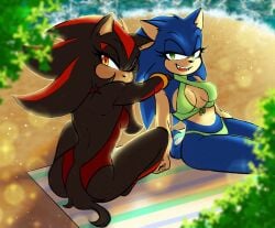 anthro beach beach_towel bedroom_eyes bikini black_body black_fur blue_body blue_fur breasts clothing duo eulipotyphlan female fur ggs_busyrn green_eyes hedgehog hi_res mammal narrowed_eyes plant red_eyes rule_63 seaside seductive sega shadow_the_hedgehog sitting smile sonic_(series) sonic_the_hedgehog sonic_the_hedgehog_(series) swimwear towel tree