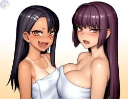 2girls ai_generated big_breasts breasts female hayase_nagatoro looking_at_viewer moonbeecreator nude please_don't_bully_me,_nagatoro sana_sunomiya small_breasts solo_female towel towel_over_breasts