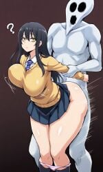 ai_generated big_ass big_breasts black_hair bouncing_breasts from_behind ghost huge_ass mieruko-chan panties_down question_mark school_uniform skirt_up thick_thighs yellow_eyes yotsuya_miko