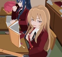 aisaka_taiga blazer brown_eyes brown_hair flashing highres jacket kawashima_ami kurokimoko kushieda_minori long_hair nipples oohashi_high_school_uniform red_jacket school_uniform toradora! torso_flash