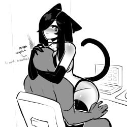 1boy 1girls 2024 :< animal_ears bikini black_hair breasts cat_ears cat_tail catgirl cuddling elbow_gloves english_text face_in_breasts female gloves long_hair male original smothering straddling tagme tail tekona text thighhighs thighs