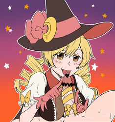 1boy 1girls blonde_hair blush breasts censored drill_hair fellatio female gloves hat human long_hair mahou_shoujo_madoka_magica male open_mouth oral penis penis_ribbon pov ribbon solo_focus straight tied_hair tomoe_mami tongue tongue_out torinone twin_drills twintails witch_hat yellow_eyes