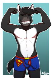 1boy anthro bulge closed_eyes clothing equine flexing grin horse male male_only mammal penis_outline solo underwear zawmg