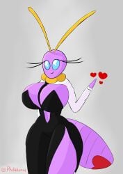 antenna arthropod arthropod_abdomen arthropod_humanoid belly breasts clevage clothing cyan_eyes eyelashes fur_collar gray_background heart heart_symbol humanoid insect insect_girl lune_(philahorns) moth philahorns purple_body smile tagme tie