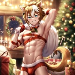 1boy ai_generated bell bell_collar bulge christmas christmas_bells christmas_lights christmas_present christmas_tree dog_boy dog_ears dog_tail genshin_impact gorou_(genshin_impact) male male_focus male_only muscular muscular_male santa_bag santa_sack shirtless shirtless_male solo solo_male speedo tail toned toned_body toned_male