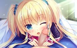 bed blonde_hair blue_eyes blush boku_to_koi_suru_ponkotsu_akuma. censored cum facial fujima_emiri game_cg long_hair mosaic_censoring one_eye_closed sayori smile smile_(company) tied_hair twintails