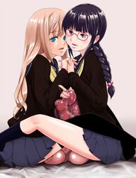 2futas futanari glasses huge_cock intersex original penis penises_touching school_uniform sitting skirt testicles tsusshi tussy