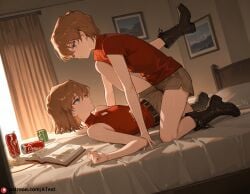 1boy ai_generated ai_haibara bare_shoulders bedroom blue_eyes boots brown_hair brown_shorts detective_conan flat_chest happy noodles open_book red_shirt shirt short_hair shorts sleeveless sleeveless_turtleneck soda_can turtleneck