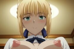 1girl ahoge ai ai_art ai_generated artoria_pendragon_(fate) blonde_hair blue_ribbon blush braid breasts breasts_out closed_mouth fate_(series) french_braid green_eyes hair_ribbon indoors looking_at_viewer medium_breasts neck_ribbon nipples open_clothes ribbon saber_(fate) shirt short_hair sidelocks smile solo white_shirt