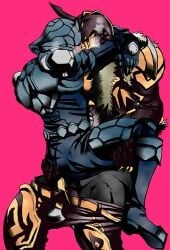 1_horn 2boys 3_horns armor armored_male arms_around_neck arms_around_partner black_skin blue_armor bodysuit fur fur_clothing gay heavy_breathing holding_legs holding_up imagin kamen_rider kamen_rider_den-o_(series) kintaros legs_apart legs_around_partner legs_spread loose_belt male male/male male_focus male_only monster monster_boy no_visible_genitalia pants_down pants_pulled_down stand_and_carry_position standing urataros vest yaoi yellow_armor