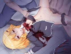 2boys blonde_hair blood breasts censored cleavage corpse cracklecradle death empty_eyes female guro highres injury male_pubic_hair medium_hair multiple_boys necrophilia penis pubic_hair pussy sex shinonome_yuuki spread_legs vaginal_penetration yotaka_(d8spc4r3)