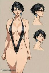 1girls ai_generated ai_hands artist_name bayonetta bayonetta_(character) bayonetta_2 big_breasts black_hair curvy_female curvy_figure glasses remicorner short_hair sling_bikini wide_hips