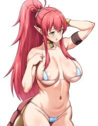 1girls areola_slip arm_strap arm_up bikini breasts collar covered_erect_nipples dragon_girl dragon_tail green_eyes highres large_breasts long_hair looking_to_the_side micro_bikini navel norakuro_nero pointy_ears ponytail red_hair salaryman_ga_isekai_ni_ittara_shitennou_ni_natta_hanashi simple_background solo swimsuit tail ulmandra white_background