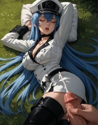 1female 1girls 2d ai_generated akame_ga_kill! asleep big_breasts blue_hair cleavage closed_eyes cum cumshot detailed_female drooling esdeath_(akame_ga_kill!) female girl hand_on_penis hi_res high_resolution highres huge_breasts jerking jerking_off jerkingoff large_breasts pony_diffusion_xltasy serotec sleeping somnophilia straight