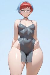 ai_generated arfx bare_thighs game_freak glasses grey_eyes huge_thighs light-skinned_female light_skin looking_at_viewer multicolored_hair nintendo penny_(pokemon) pokemon pokemon_sv short_hair small_breasts solo_female squatting sweat sweatdrop thick_body thick_female thick_thighs thighs thighs_bigger_than_head two_tone_hair voluptuous voluptuous_female