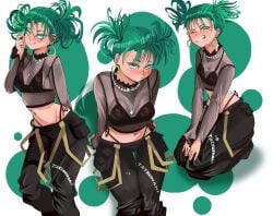 clovernuts colored crop_top digital_drawing_(artwork) digital_media_(artwork) earrings one-punch_man pants posing posing_for_the_viewer smile smiling_at_viewer sports_bra tagme tatsumaki thong translucent_clothing twintails