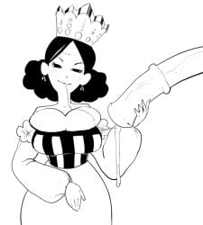 beauty_(comic) big_breasts black_and_white blush breast_squeeze breasts_squeezed_together coddie_the_beautiful crown cum_on_breasts cum_on_clothes cum_on_face cum_trail dripping_cum drooling fully_clothed handjob horse horsecock looking_at_viewer post_blowjob queen royal royalty sketch smiling smug thesomethingmancer tight_clothing tight_fit zoophilia