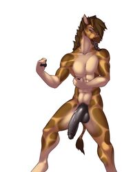 1boy abs balls big_penis black_penis brown_fur brown_hair brown_nose fenix-fox fur giraffe gradient_background green_eyes hair lance_(fenix-fox) looking_at_viewer lost-paw male male_only mammal mane markings midriff muscular nude penis piercing pinup pose simple_background solo solo_male spots standing tongue tongue_piercing