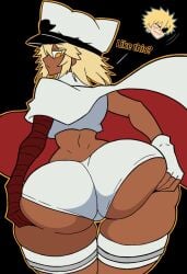 1boy 1girls armwear ass ass_focus ass_grab badjujuarts big_ass blonde_hair cloak clothed dark-skinned_female dark_skin eyepatch from_behind gloves grabbing grabbing_own_ass guilty_gear guilty_gear_strive hat huge_ass long_hair ramlethal_valentine short_hair thick thick_ass thick_thighs thumbs_up yellow_eyes