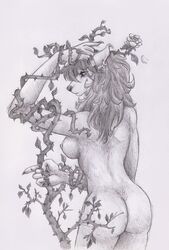 anthro anthro_only ass breasts canine claws ear_piercing entangled female flower furry hair jewelry leaves long_hair maheylah_(artist) mammal monochrome nipples no_humans nude piercing plant rose simple_background solo thorns video_games vines warcraft were werewolf white_background wolf worgen world_of_warcraft