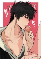 2boys black_hair blush cum erection fellatio gay gintama heart hijikata_toshiro holding_penis licking_penis looking_at_viewer oral penis pink_background profile sapomu4 side_view solo_focus sweat tongue_out uncensored yaoi