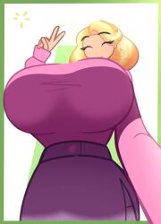 2_fingers animated animation averysoftpear big_breasts blonde_female blonde_hair blue_eyes boob_window closing_eyes digital_drawing_(artwork) giantess happy_valentine heart huge_breasts hyper_breasts looking_at_you pink_sweater pov smilling star stevie_(averysoftpear) sweat tagme video