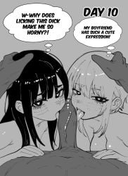 1girls 2boys abs absurd_res big_breasts bisexual bisexual_threesome black_hair blowjob blush both_sexes_in_same_situation dark-skinned_male day_count double_blowjob double_fellatio double_oral english_text eyebrows_visible_through_hair fellatio female_supporting_yaoi femboy femdom gay grey_background greyscale hand_on_another's_head hand_on_another's_stomach heart-shaped_pupils interracial kanoji_(ni_kanojo) large_penis licking_penis locktober long_hair medium_hair mmf_threesome monochrome muscular_male navel nervous oral_sex original_character pov shiny_hair shiny_skin sidelocks smug straight_hair stuttering submissive_male thought_bubble threesome tongue_out veiny_penis yaoi