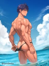 1boy abs ass ass_cleavage ass_focus back_muscles back_view beefy biceps big_ass big_breast blue_hair blush blushing_profusely brown_eyes bubble_butt cloud ebitendon embarrassed erect_nipples g-string gay hand_in_panties hand_on_leg hi_res looking_at_viewer looking_back male male_breasts male_only manly mature_male muscles muscular muscular_arms muscular_ass muscular_back muscular_legs muscular_male muscular_thighs no_visible_genitalia oppai original original_character outdoors pecs plump_ass practically_nude pulling_panties sea seaside shallow_water short_hair side_view sideboob six_pack sky solo standing standing_in_water sweat sweatdrop swimsuit swimwear taking_clothes_off thick_arms thong tight_ass tight_clothing topless torakichi_(ebitendon) torakitchen triceps very_high_resolution yaoi young