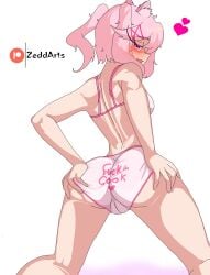 1girls ass ass back back_view behind_view cameltoe cat_ears doki_doki_literature_club english_text female_focus hands_on_ass hands_on_butt hands_on_own_ass hands_on_own_butt heart heart natsuki_(doki_doki_literature_club) panties pink_eyes pink_hair pink_panties text text_on_clothing text_on_panties zeddarts