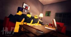 3boys 3d balls bloxy_cola bottomless couch crowbar dream_game hrtiowastaken lamp living_room mafioso_(dream_game) male_only nashatra_bealdhild penis pizza roblox roblox_game robloxian soda_can tagme watermark yellow_body